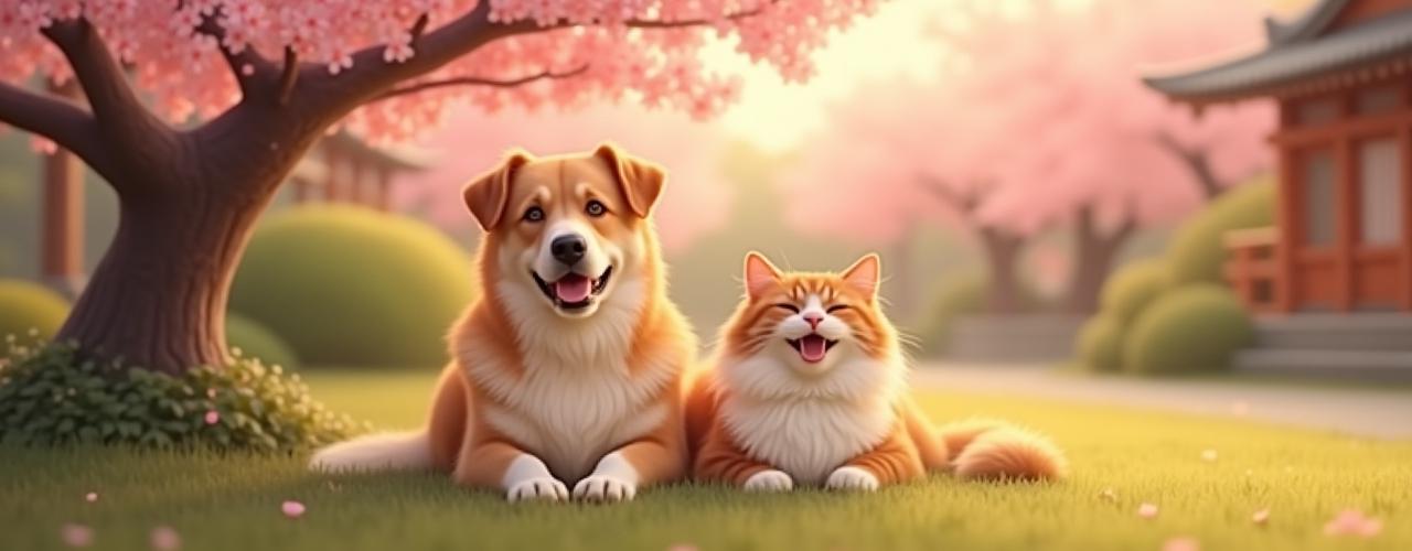 幸せな犬と猫が桜の木の下でリラックスしている様子