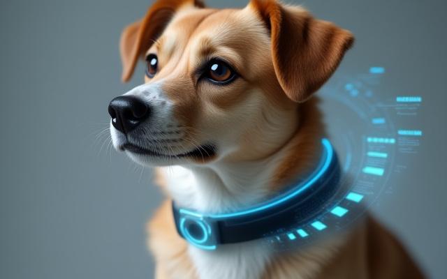 スマートな首輪をつけたペットが活動をモニターされている様子